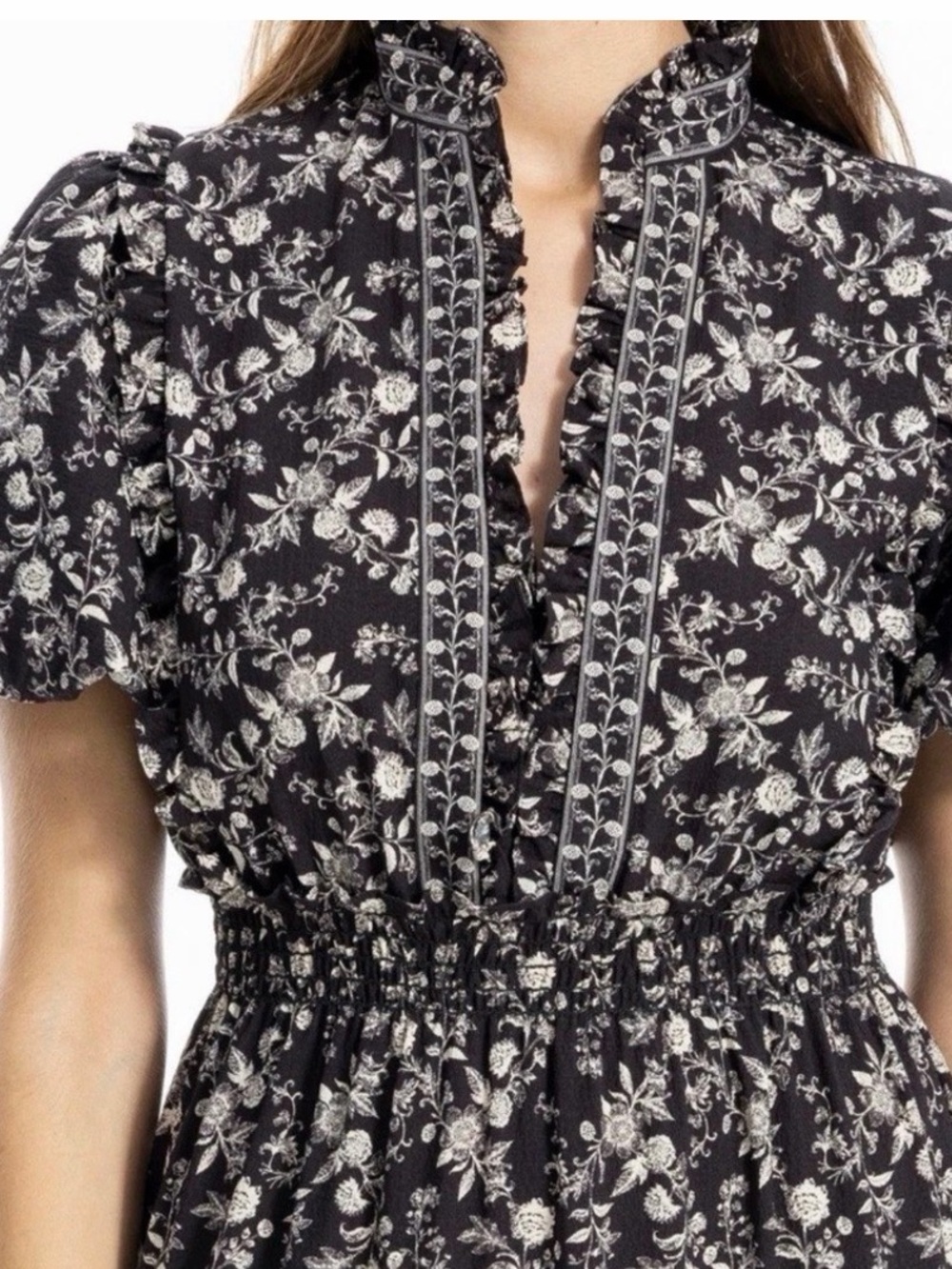 Max Studio Maxi Dress Women Black Floral Ruffle Tiered Smocked Waist- Size L - Picture 4 of 9